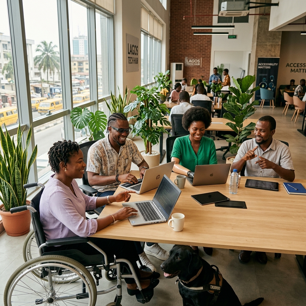 Smiling Nigerian Persons with Disabilities in modern Lagos office workspace
